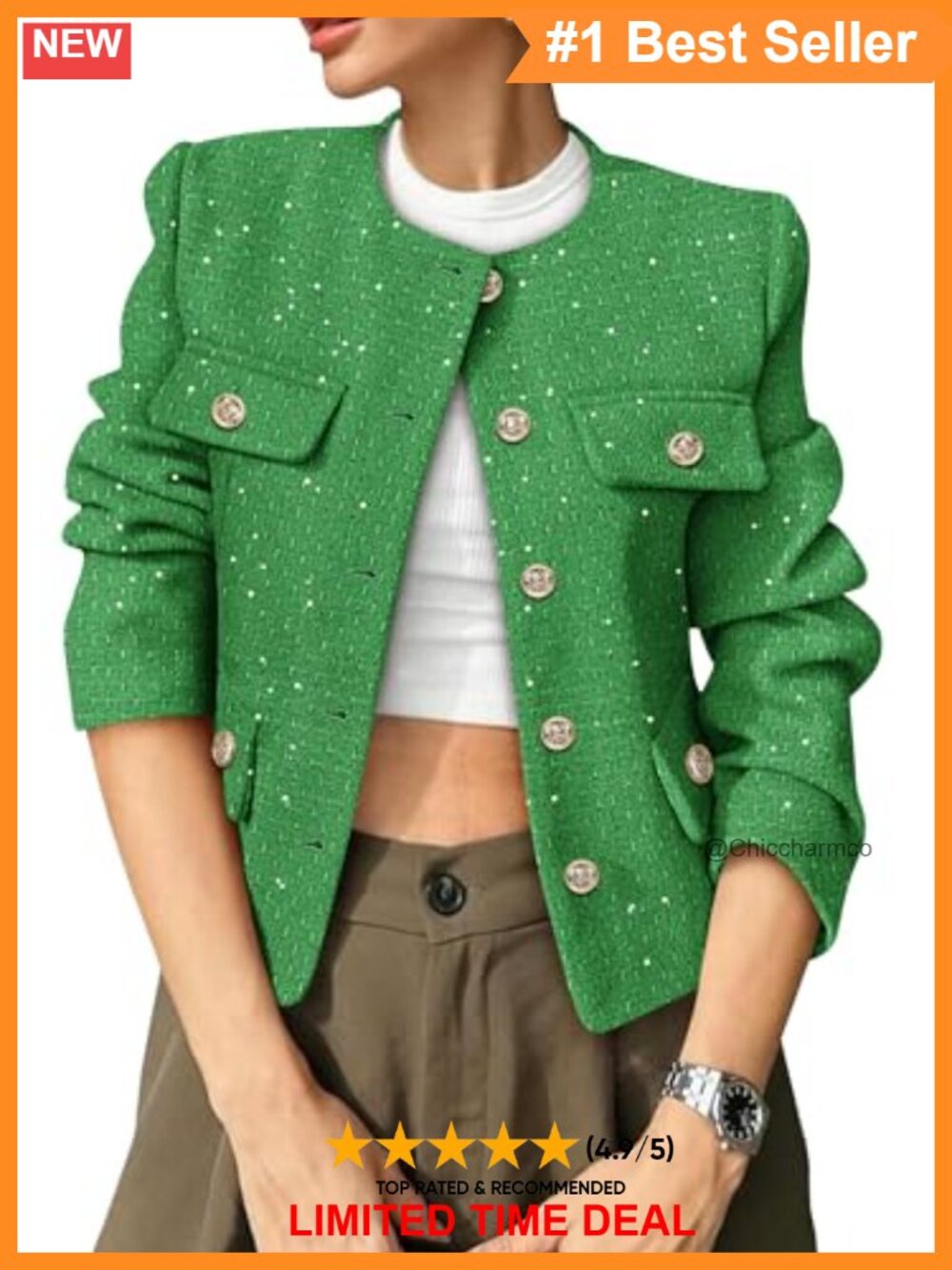 Cropped Tweed Blazer Collarless Button Down Long Sleeve Business Casual